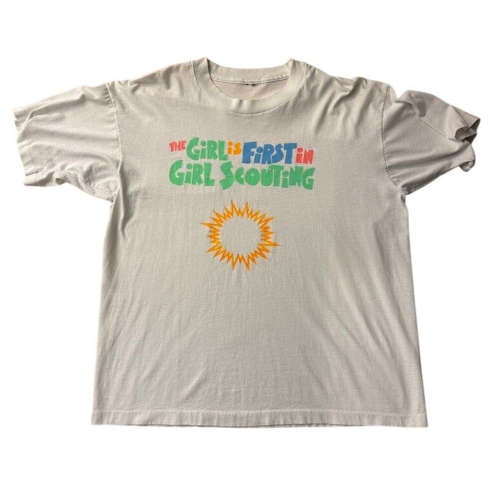 Girl Scouts Vintage 80s Girl is First in Girl Scouting white colorful shirt XL
